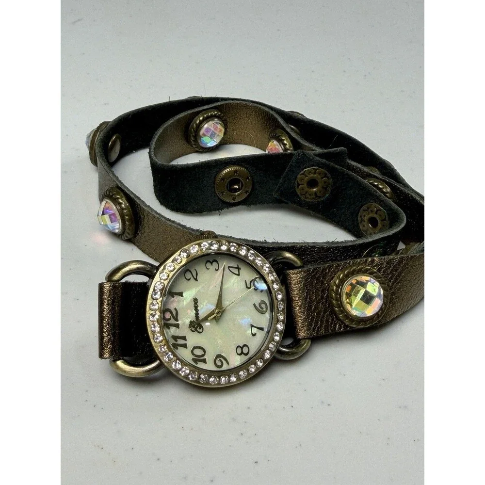 Geneva Wrap Around Bracelet Watch Bronze Rhinestone 29.8mm